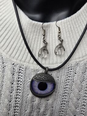 Handcrafted Purple Eyeball Pendant Necklace with Clear Glass Earrings